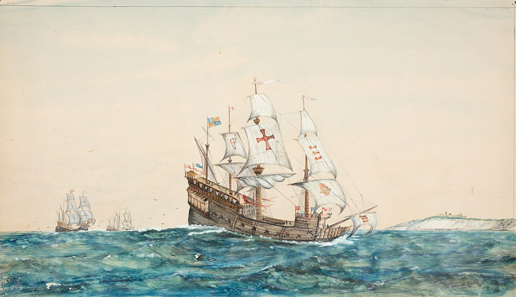 A detailed watercolour painting of the Ark Royal, a large English galleon, sailing near the coast under clear skies. The ship dominates the foreground, depicted with full sails catching the wind and a high, decorated stern.
Key features identifying it as an English galleon of the late 16th century include:
Square-rigged sails and multiple masts: The ship has three masts with square sails and a bowsprit. The sail configuration is typical of Elizabethan naval vessels, allowing for speed and manoeuvrability.
Gunports along the hull: Though not firing in this peaceful scene, the visible gunports suggest the ship is armed — reflecting its role as a flagship in naval combat.
Sleek hull for speed and stability: The ship has a relatively narrow, elongated hull design, allowing it to manoeuvre more effectively than heavier Spanish galleons.