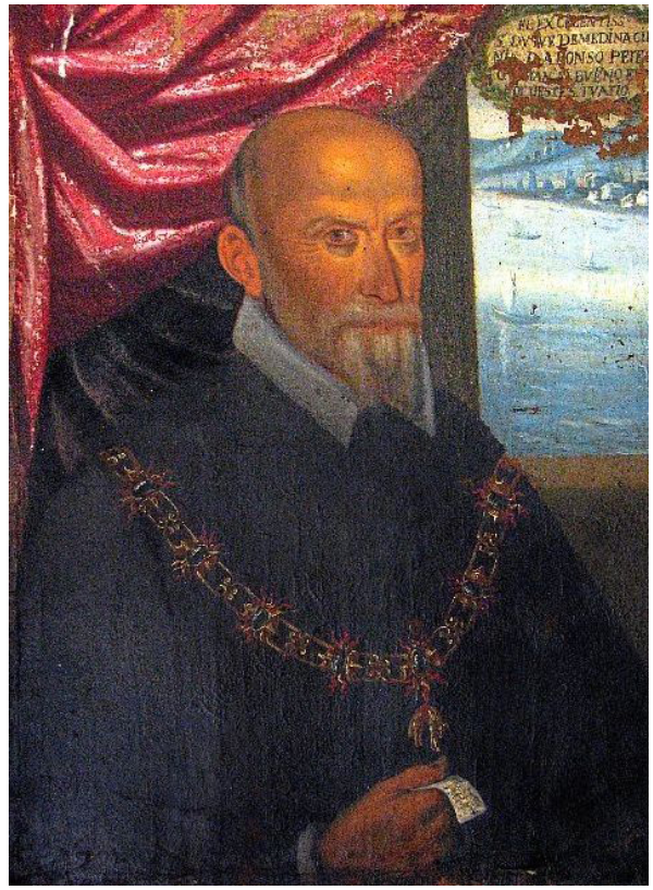 Portrait of a bald man with a goatee, wearing a chain with a medallion, against a backdrop of a red curtain and sea view, holding a note.