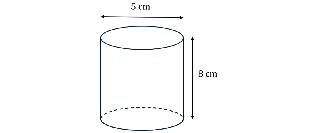 Illustration of a cylinder with a height of 8 cm and a diameter of 5 cm, featuring dashed lines indicating the hidden bottom base.