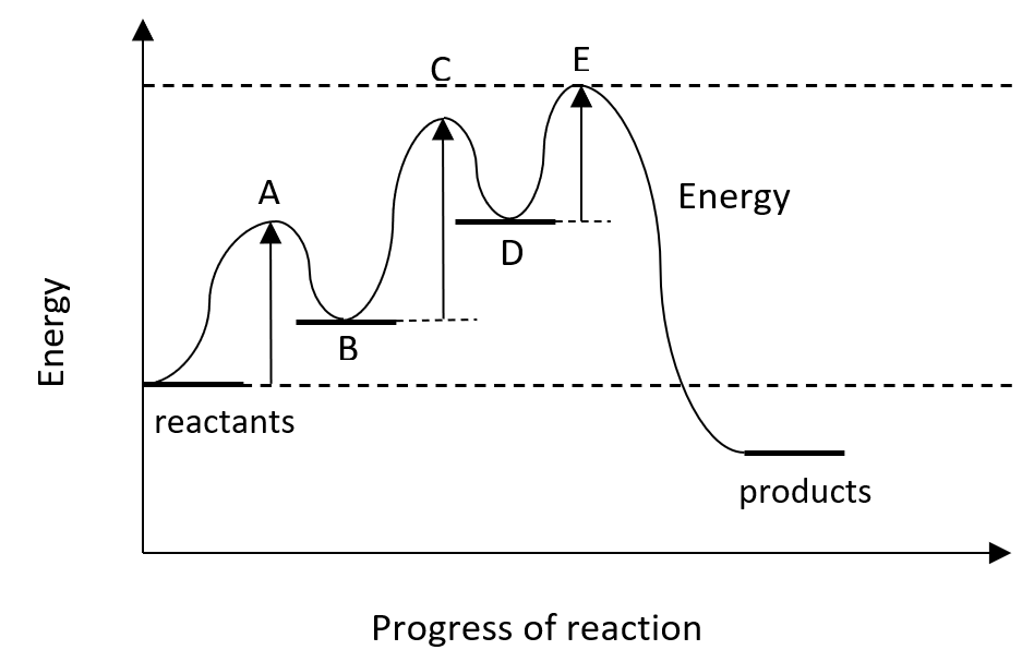 Graph showing energy changes in a reaction. Peaks A and E mark activation energies; valleys B and D are intermediates. Reactants and products are labelled.