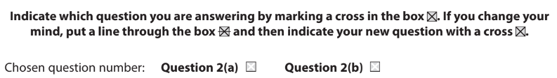 Checkbox options for Question 2(a) and 2(b) with instructions on marking choices or changing answers by crossing out the current mark.