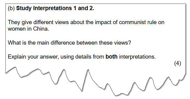 The exam question asks for differences in views between Interpretation 1 and Interpretation 2 on the impact of Communist rule on women in China, using details from two interpretations. It is worth 4 marks.