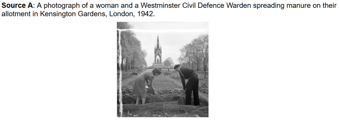 Source A: A photograph of a woman and a civil defence warden spreading manure on an allotment in Kensington Gardens, London, with a memorial in background, 1942.