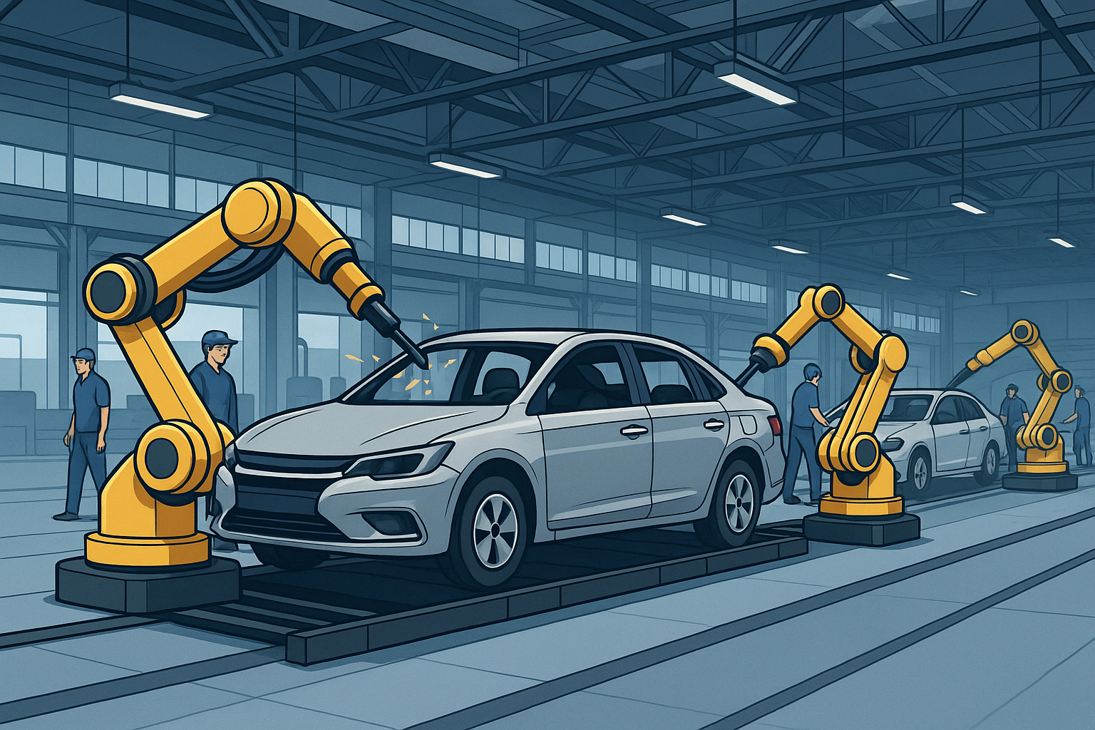 Robotic arms assembling cars on a factory production line, with workers wearing blue uniforms and caps, in a large industrial facility.
