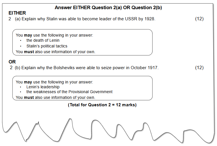 Exam question sheet offering two options: "Explain why Stalin was able to become leader of the USSR by 1928", highlighting the death of Lenin and Stalin’s political tactics. Or "Explain why the Bolsheviks were able to seize power in October 1917", highlighting Lenin’s leadership and the weaknesses of the Provisional Government. Students to answer one question, worth 12 marks.