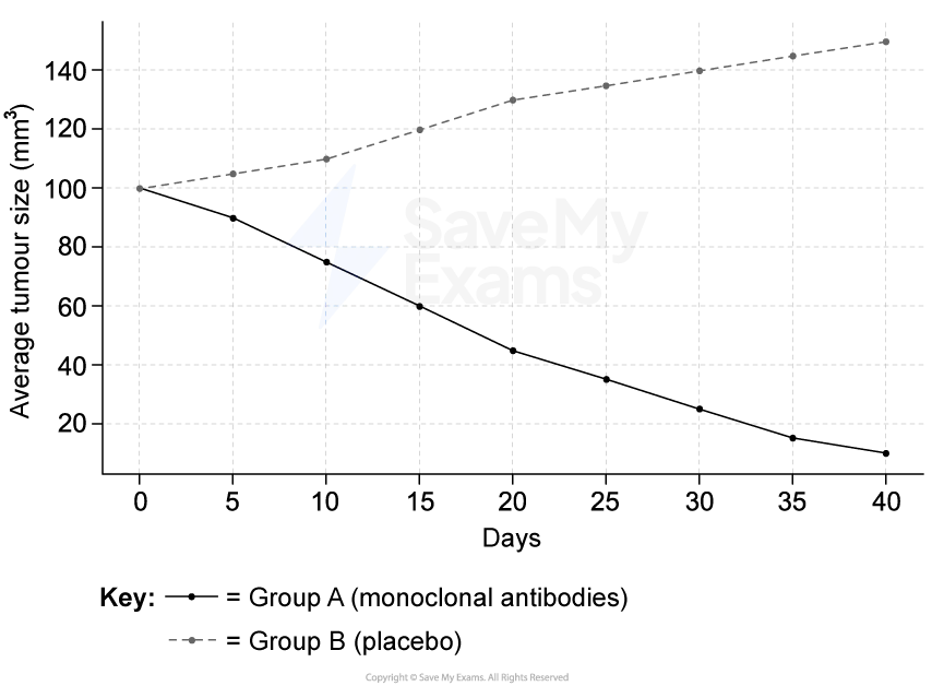 Line graph showing tumour size in mice over 40 days; Group A (yellow) decreases, Group B (orange, dashed) increases. Title: Monoclonal Antibody Treatment.