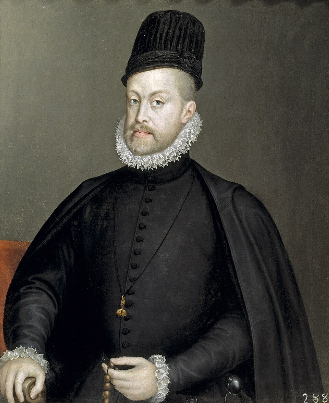 A historical painting of a man in dark, formal Renaissance attire with a ruff collar, holding rosary beads, set against a plain background.