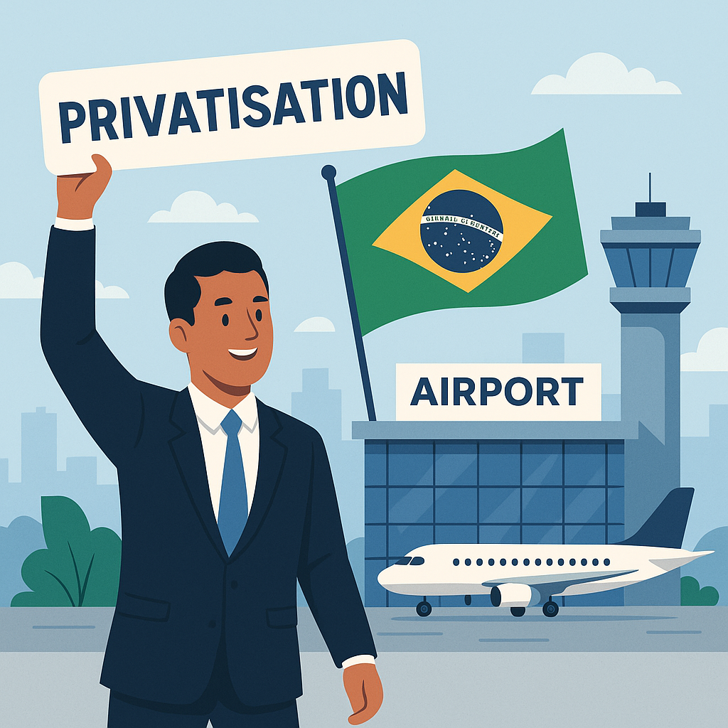 Man in a suit holds "Privatisation" sign, standing in front of an airport with a Brazilian flag, control tower, and aeroplane in the background.