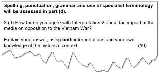 Exam question asks for agreement with Interpretation 2 on media's impact on Vietnam War opposition, using both interpretations and historical context. (16 marks)