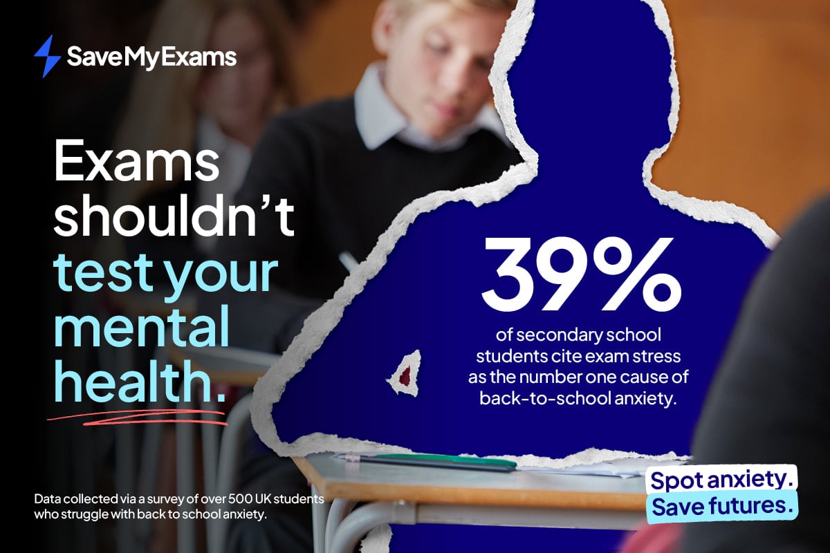Text on exam stress and mental health. Shows statistic: 39% of UK secondary students cite exam stress as the main cause of back-to-school anxiety.