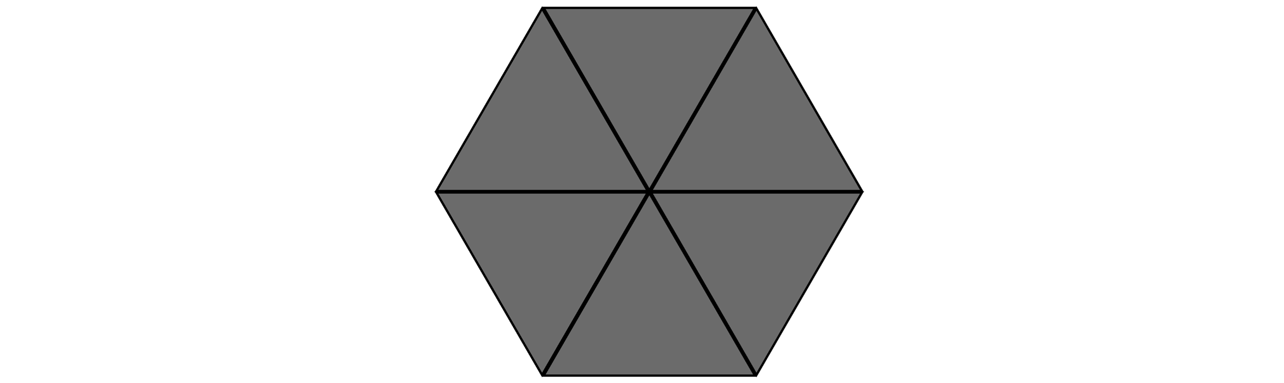 A polygon with 6 sides divided into six equal triangular segments, shaded in dark grey, with black outlines on a white background.