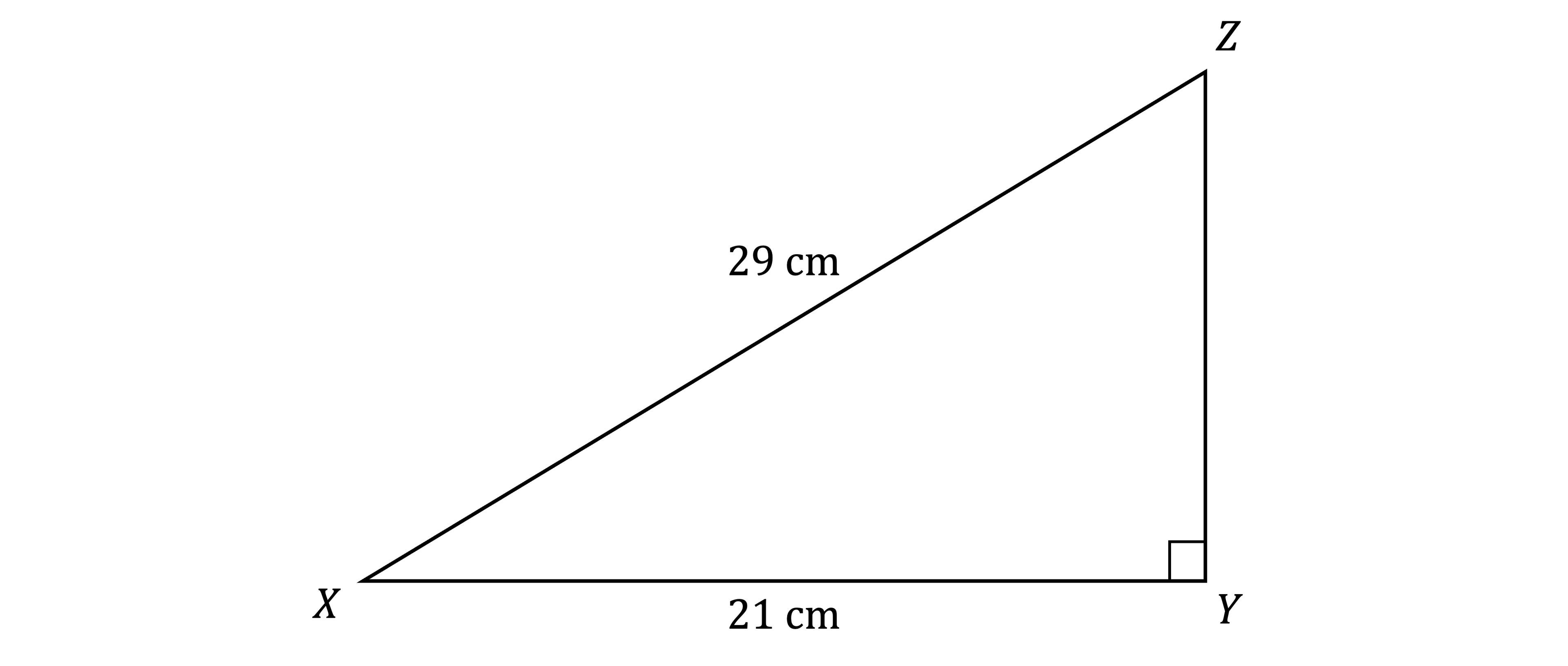 Right-angled triangle xyz; side xy is 21 cm, hypotenuse xz is 29 cm, and yz is unknown. Angle at y is 90 degrees.