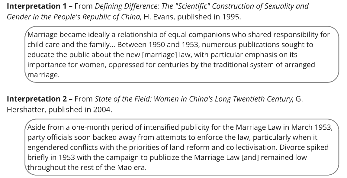 Two text excerpts on Chinese marriage laws: Evans highlights gender equality and education; Hershatter notes enforcement challenges in the 1950s.