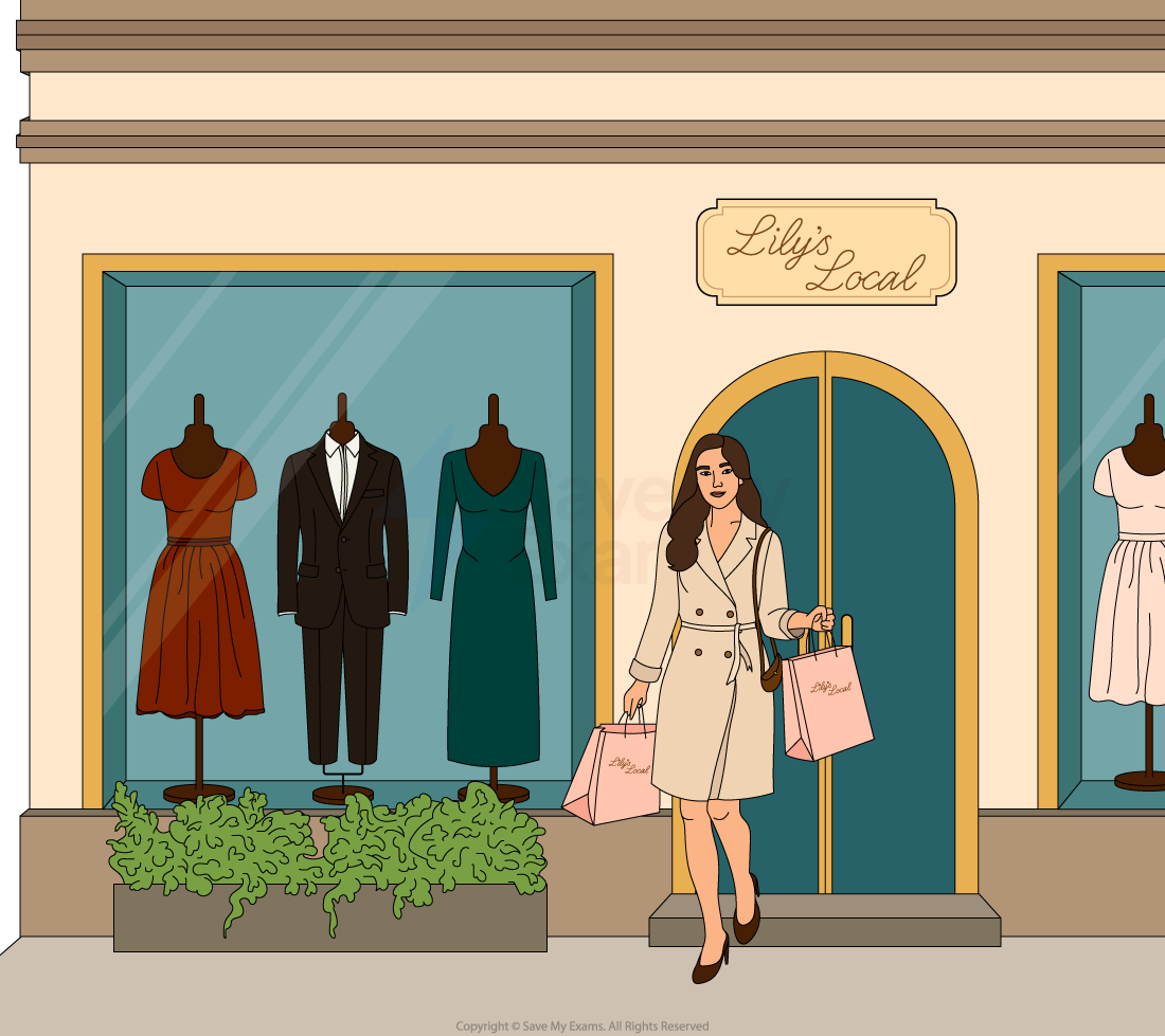 Woman in trench coat carrying shopping bags exits a boutique named Lily's Local, with dresses and a suit displayed in the shop window.