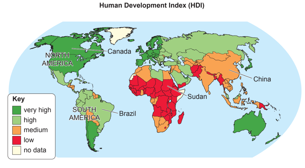 World map showing Human Development Index by country: very high (dark green), high (green), medium (orange), low (red), and no data (grey).