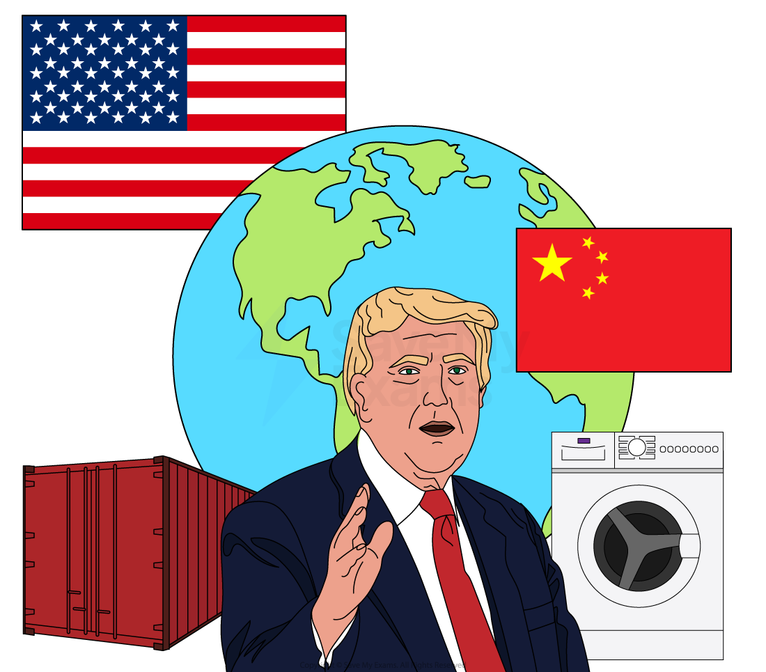 Illustration of a man in a suit gesturing, with US and Chinese flags, a globe, shipping container, and washing machine in the background.