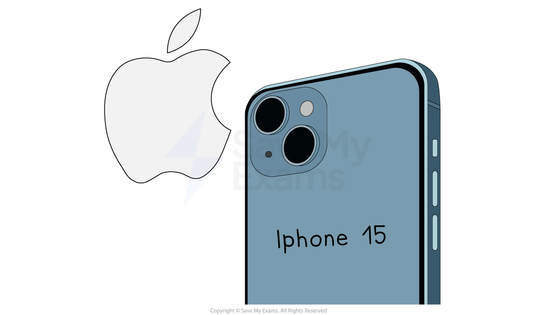Illustration of a blue smartphone labelled "iPhone 15" with dual cameras, next to a large, stylised apple logo on a white background.