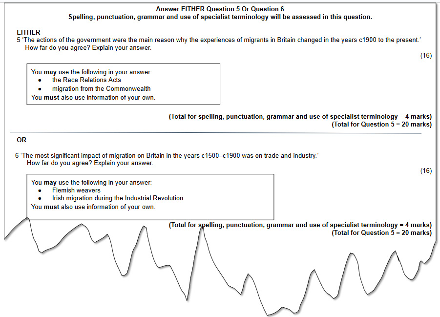 Exam question paper with two options: one on migrant experiences in Britain since 1900 and the other on migration's impact on trade from 1500-1900. Each question is worth 20 marks.