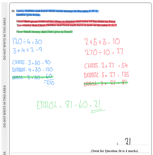 Handwritten maths solution detailing the distribution of money in ratios among Chris, Debbie, and Errol. The calculation shows Errol receives £21.