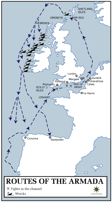 A historical map titled "Routes of the Armada", showing the journey of the Spanish Armada in 1588 around the British Isles. The map includes:
Geography
The map covers parts of western Europe, including:
Spain (Corunna, Santander)
France (Le Havre, Calais, Gravelines, Dunkirk)
England (Plymouth, London, Portland, Margate, Isle of Wight)
Scotland (Orkneys, Hebrides, Shetland Isles, Fair Isle)
Ireland
Channel Islands and Scilly Isles
Key Features
Dashed arrows indicate the route of the Spanish Armada, sailing from Spain up the English Channel, around the British Isles, and back down along the west coast of Ireland.
X symbols mark fights in the Channel, notably near the Isle of Wight, Portland, and Calais.
Shipwreck symbols (black silhouettes of ships) are heavily concentrated along the western coasts of Scotland and Ireland, showing where many Spanish ships were wrecked during the return voyage.