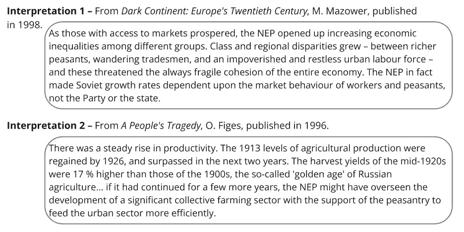 Two contrasting interpretations of the NEP: Mazower highlights economic disparities, while Figes notes rising productivity and agricultural recovery by 1926.