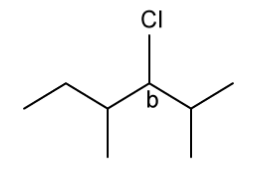 Skeletal structure of 3-chloro-2,4-dimethylhexane, with carbon 3 labelled 'b'.