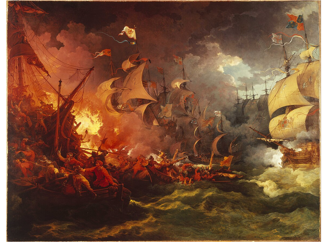 A dramatic painting showing a night-time naval battle during the Spanish Armada campaign of 1588. The scene is chaotic and filled with intense motion, fire, and smoke. On the left-hand side, a large Spanish ship is engulfed in towering flames. Spanish sailors in red scramble into lifeboats to escape. Many ships are visible in the background, lit by the fires and obscured by thick clouds of smoke. The English ships, mostly to the right and centre, have their sails open and are advancing in more orderly formation, their flags flying. The sky is dark and filled with smoke, with the fire casting a vivid orange glow over the water.