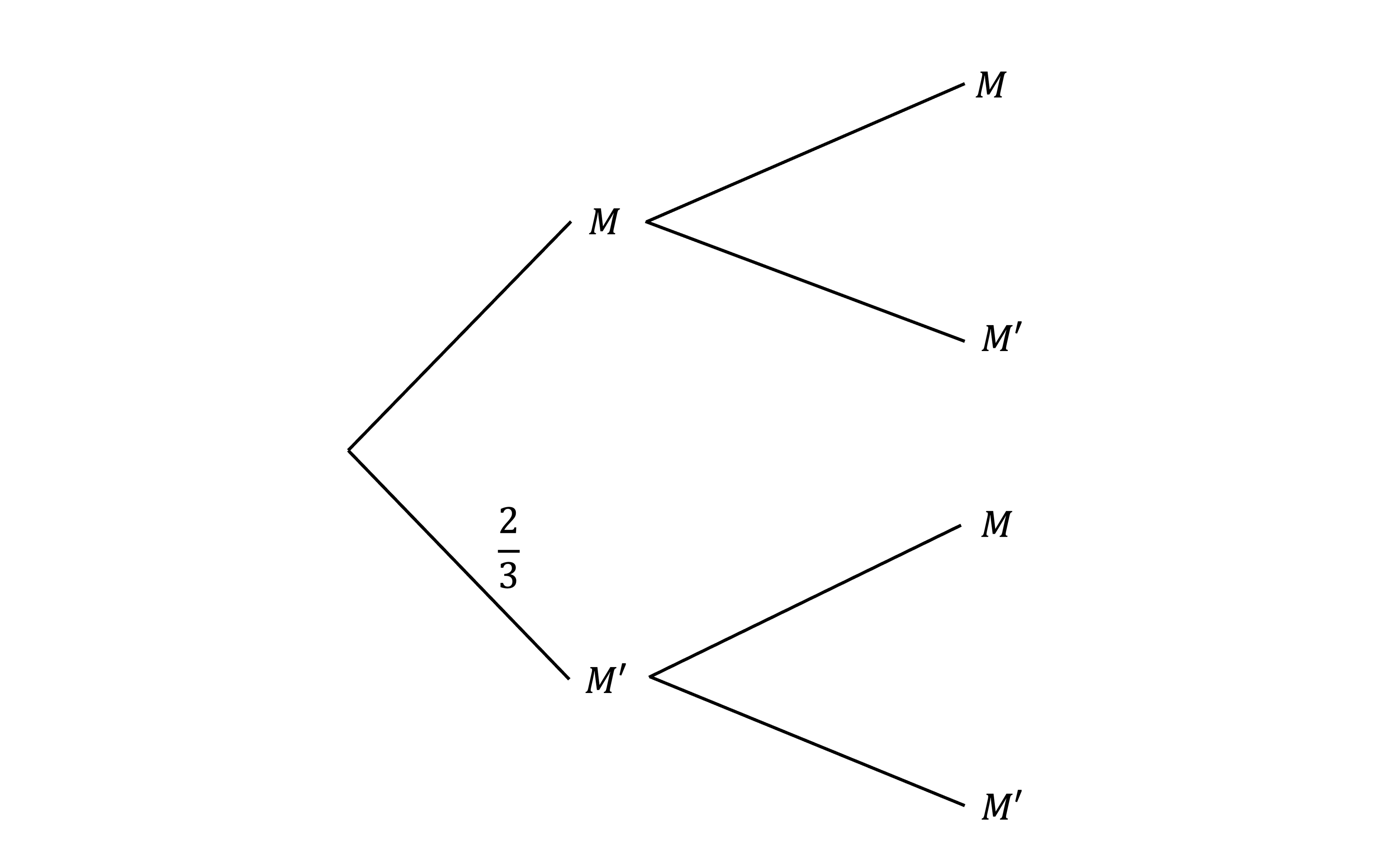 Probability tree diagram with two main branches labelled "M" and "M'" with fractions 2/3 and 2/6 leading to outcomes "M" and "M'".