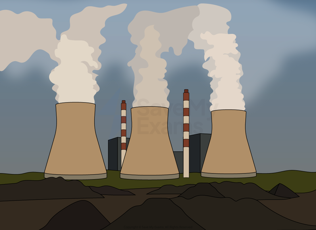 Industrial scene with four cooling towers emitting steam and two striped chimneys against a cloudy sky, with mounds of earth in the foreground.