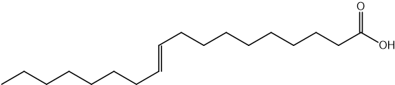 Chemical structure of oleic acid, showing a hydrocarbon chain with a double bond and a carboxyl group at one end.