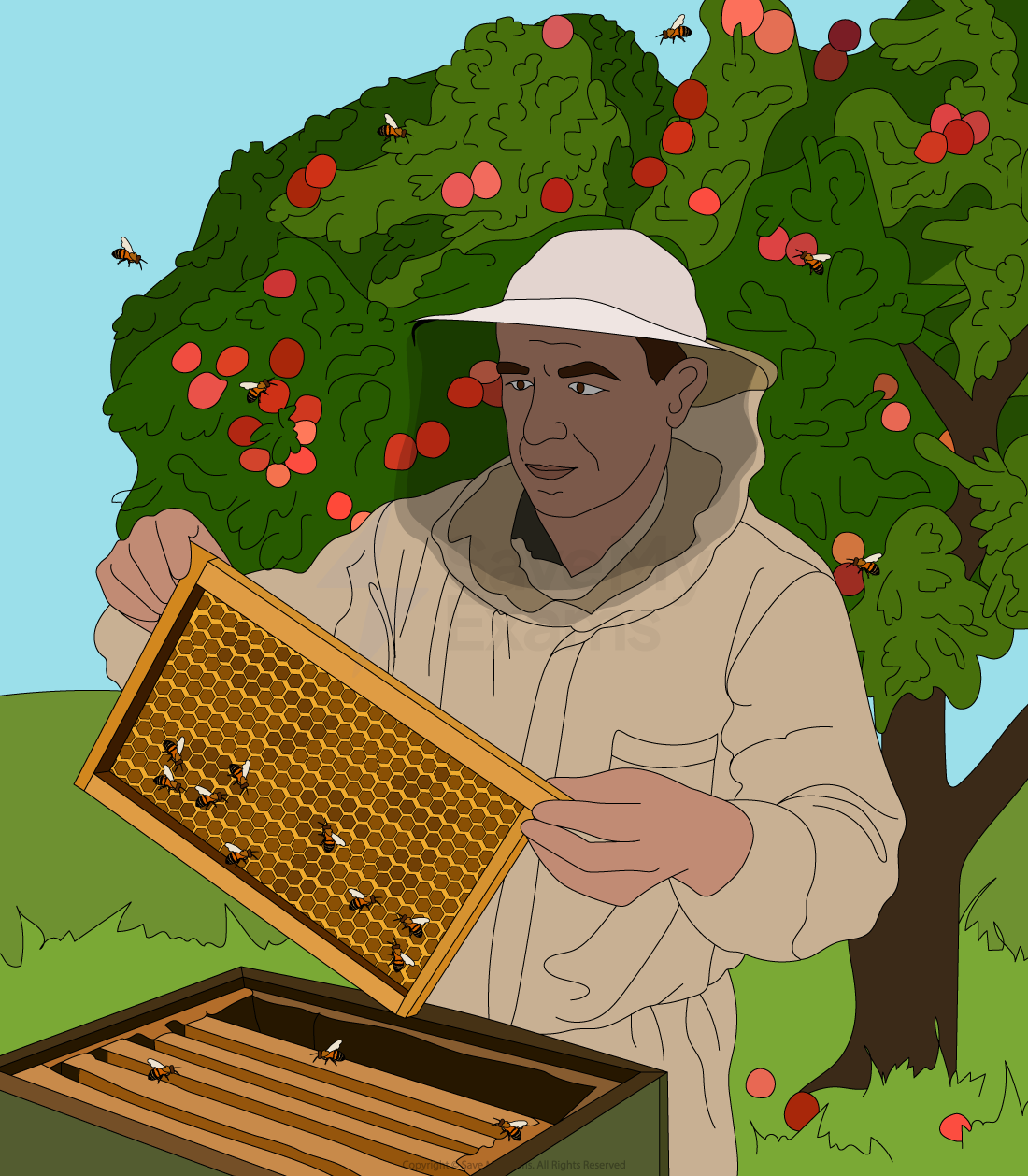 A beekeeper in protective gear examines a honeycomb frame from a hive, with bees flying around, set against an orchard with fruit trees.