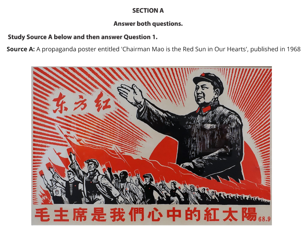 A propaganda poster featuring a large image of Mao Zedong in a military uniform in front of a red sun, surrounded by supporters holding red flags. The text below is Chinese for "Chairman Mao is the red sun in our hearts". The provenance for the source reads: "A propaganda poster entitled 'Chairman Mao is the red sun in our hearts', published in 1968".