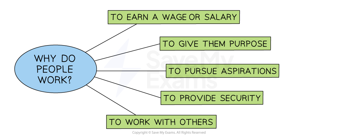 Flowchart with main question "Why do people work?" and reasons: earn a wage, purpose, pursue aspirations, security, and work with others.
