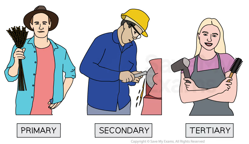 Three workers represent economic sectors: a farmer in primary, a factory worker in secondary, and a hairdresser in tertiary.