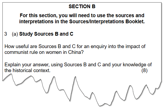 Exam question prompt about how useful Sources B and C are for an enquiry into the impact of Communist rule on women in China, with space for an 8-mark answer. The student must use Sources B and C and their own knowledge of the historical context.