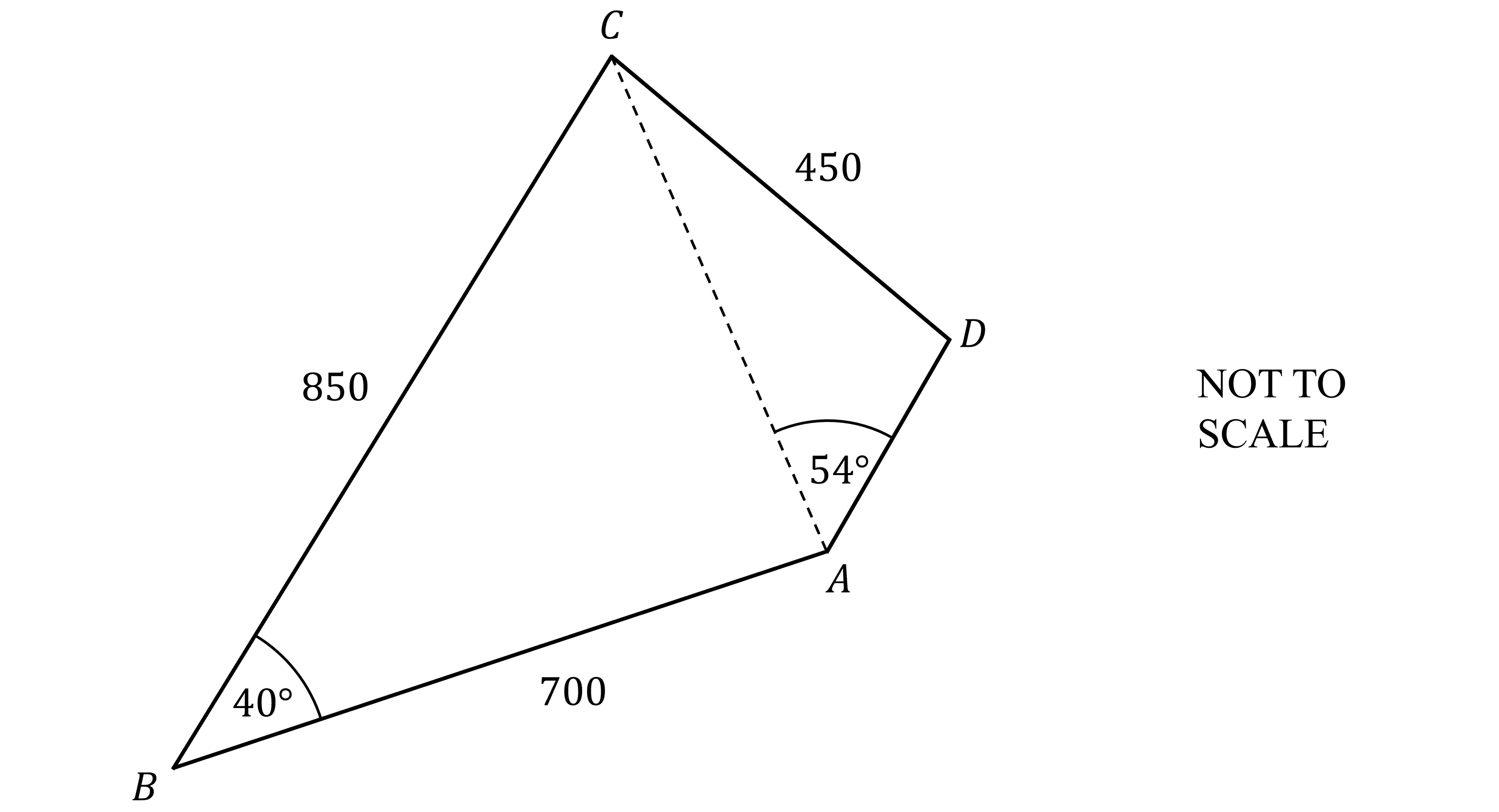 Quadrilateral ABCD, with dashed diagonal AC. Shows angle ABC=40°, angle CAD=54°, and sides BC=850, AB=700, CD=450. A note to the right says 'not to scale'.
