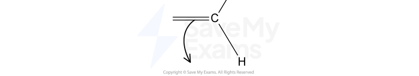 Chemical structure depicting a carbon atom (C) double-bonded to another atom, with a single bond to hydrogen (H) and an arrow indicating reaction direction.