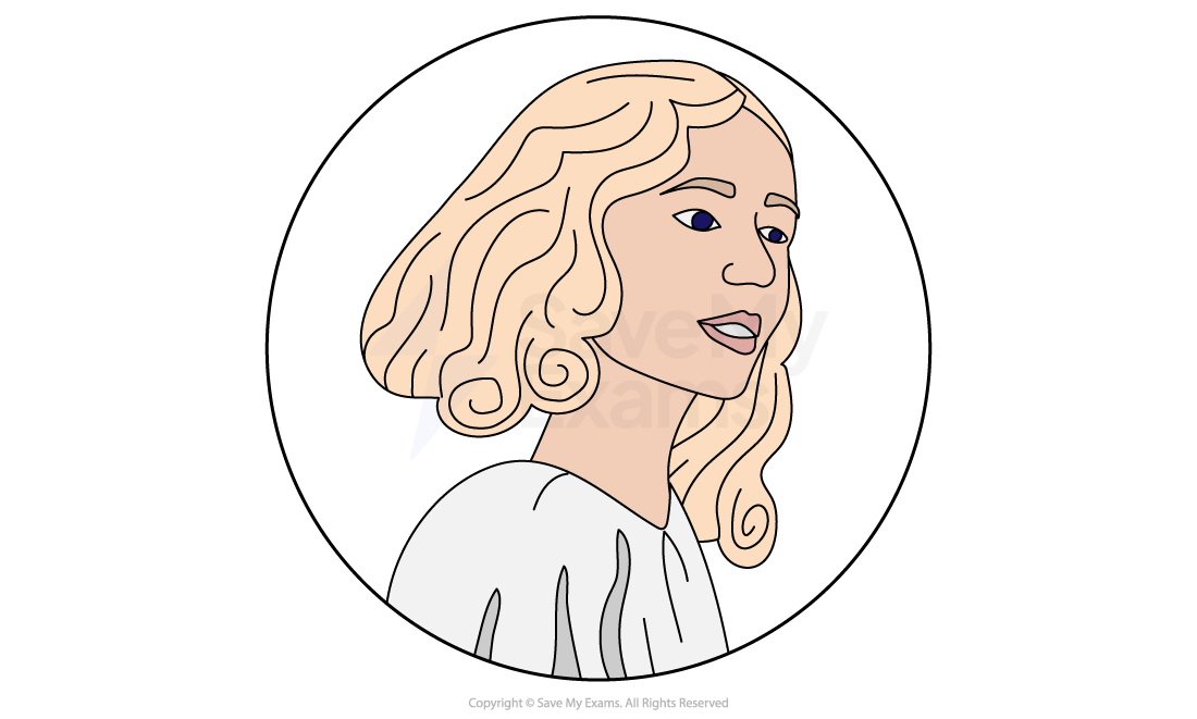 Illustration of a woman with wavy blonde hair and a white top in a circular frame, gazing slightly to the side.