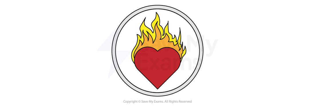 Red heart with yellow flames on top, surrounded by a black-lined circle, symbolising fiery passion or energy.