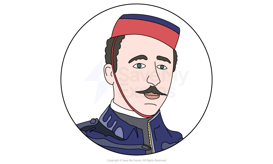 Illustration of a man with a moustache, wearing a red flat cap and blue military uniform with a high collar, within a circular frame.