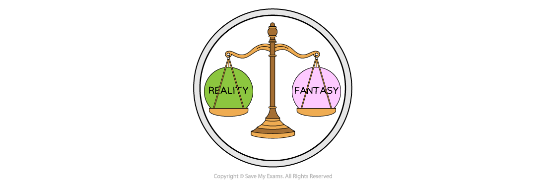 A balance scale featuring a green circle with "Reality" and a pink circle with "Fantasy," symbolising balance between reality and fantasy.