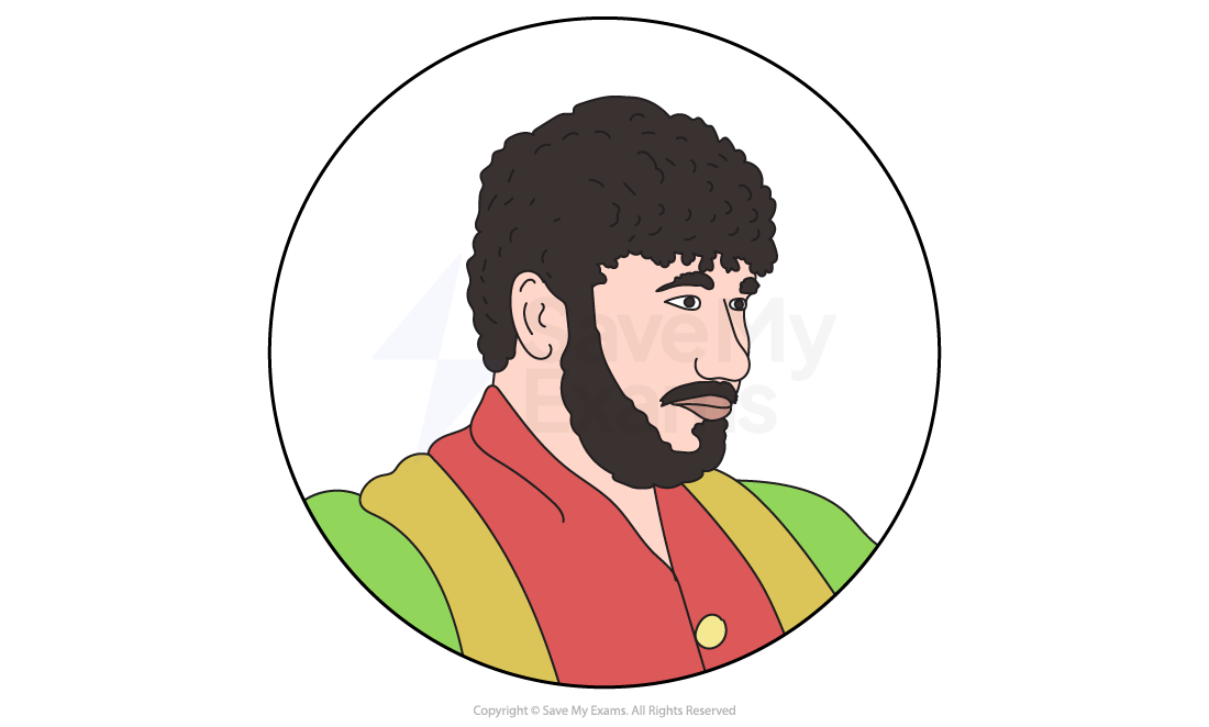 Illustration of a man in a circle, wearing a red garment with green and yellow accents, sporting curly hair and a beard, viewed in profile.