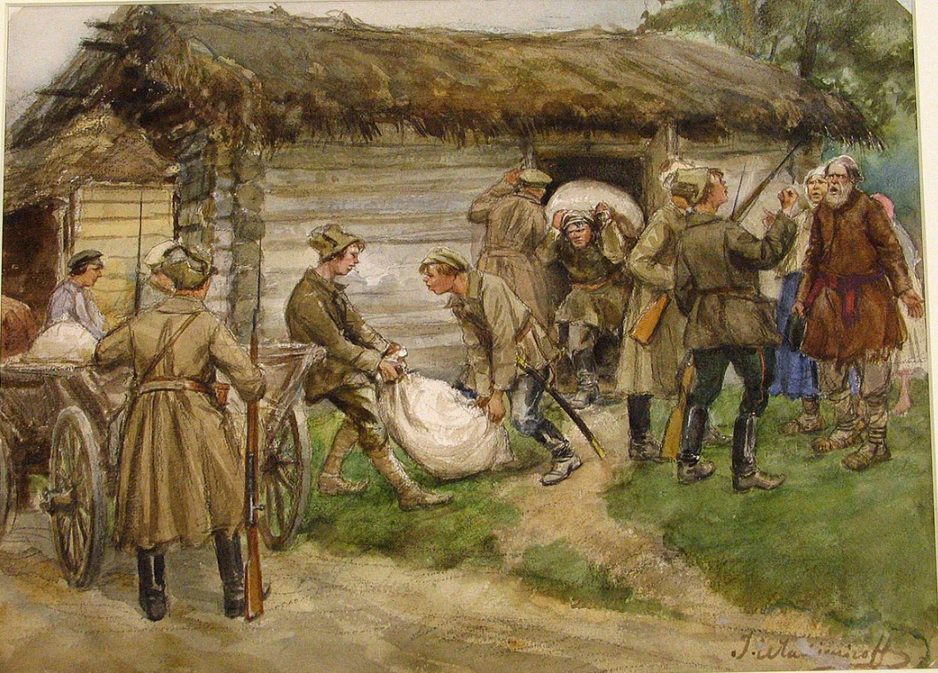 A watercolour painting depicting Red Army soldiers requisitioning grain from a peasant household during the Russian Civil War (c.1918–1921), under the policy of War Communism. The central focus is on two soldiers lifting a large sack of grain outside a wooden peasant hut with a thatched roof. Other soldiers are seen carrying additional sacks from the building and placing them onto a horse-drawn cart, while one soldier stands guard with a rifle.

On the right-hand side of the image, a group of distressed peasants, including women and an elderly man with a beard, appear to be protesting or pleading. One soldier gestures back at them, possibly shouting orders or threats. The scene conveys tension and hardship, with a rural setting marked by muddy ground and basic structures. The peasants wear simple, tattered clothing, contrasting with the Red Army's uniformed soldiers. The atmosphere evokes the forceful and often brutal nature of food requisitioning during the Bolsheviks' campaign to supply the cities and army during the Civil War.