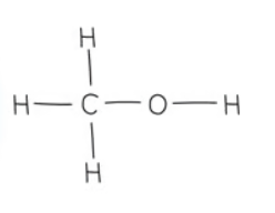 Chemical structure diagram of methanol, showing a central carbon atom bonded to three hydrogen atoms and one hydroxyl group.