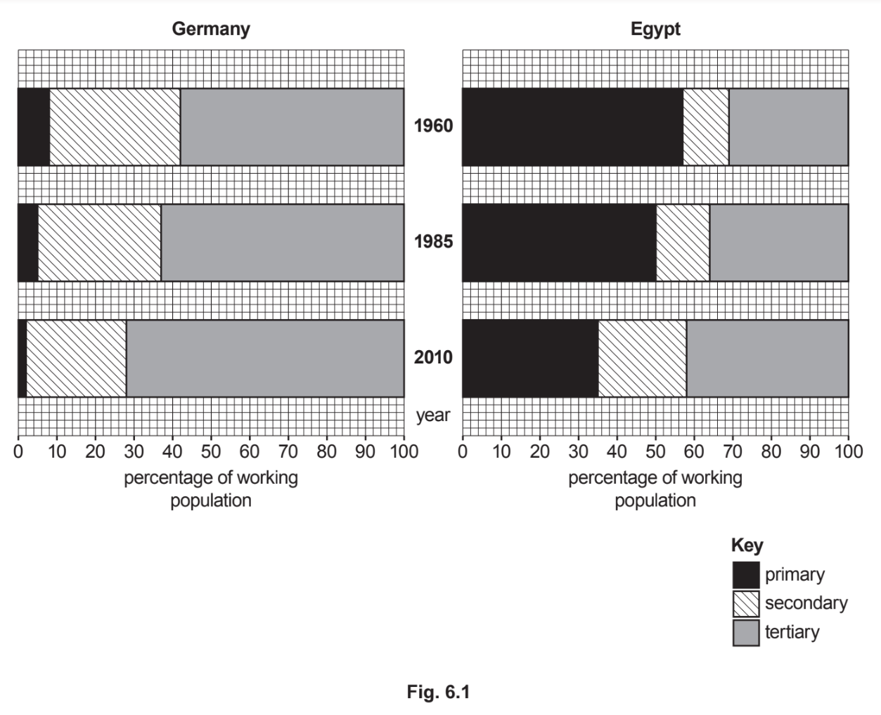 Bar charts compare working population sectors in Germany and Egypt for 1960, 1985, and 2010, with key for primary, secondary, and tertiary sectors.