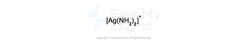 Chemical formula for the complex ion diamminesilver(I), showing silver with two ammonia ligands enclosed in brackets, with a positive charge.