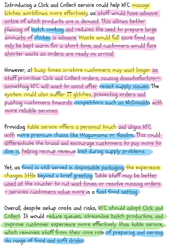 Handwritten text with colourful highlights discusses KFC's potential adoption of Click and Collect and table service, comparing benefits and operational impacts.