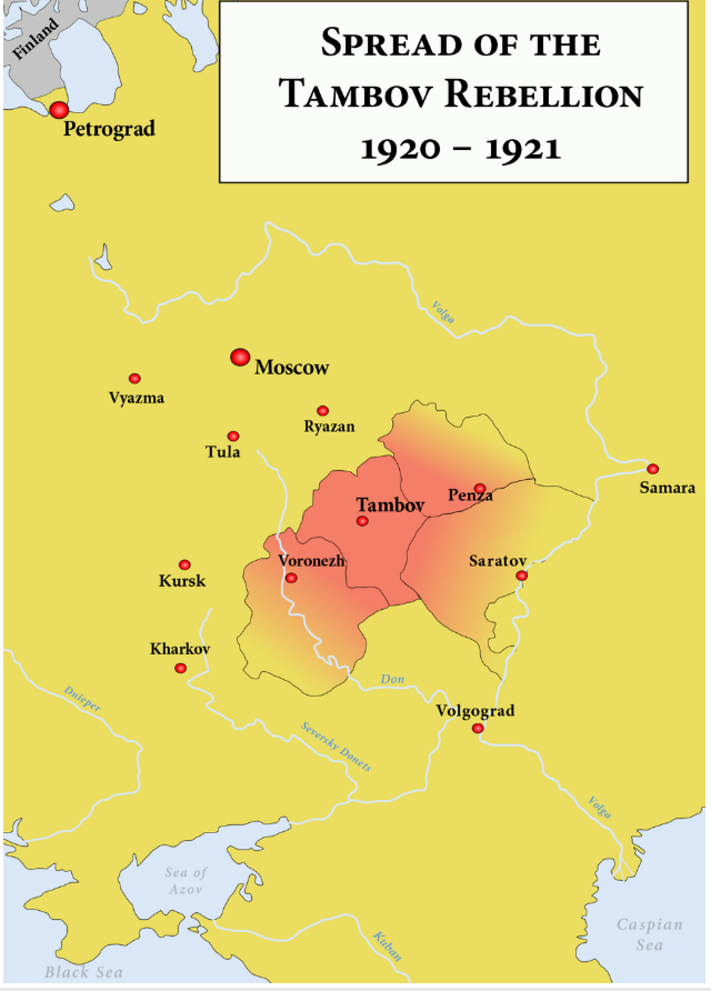 Map showing the spread of the Tambov Rebellion from 1920 to 1921, with highlighted areas (in red) in Russia including Tambov, Penza, and nearby cities. Area is just south of Moscow
