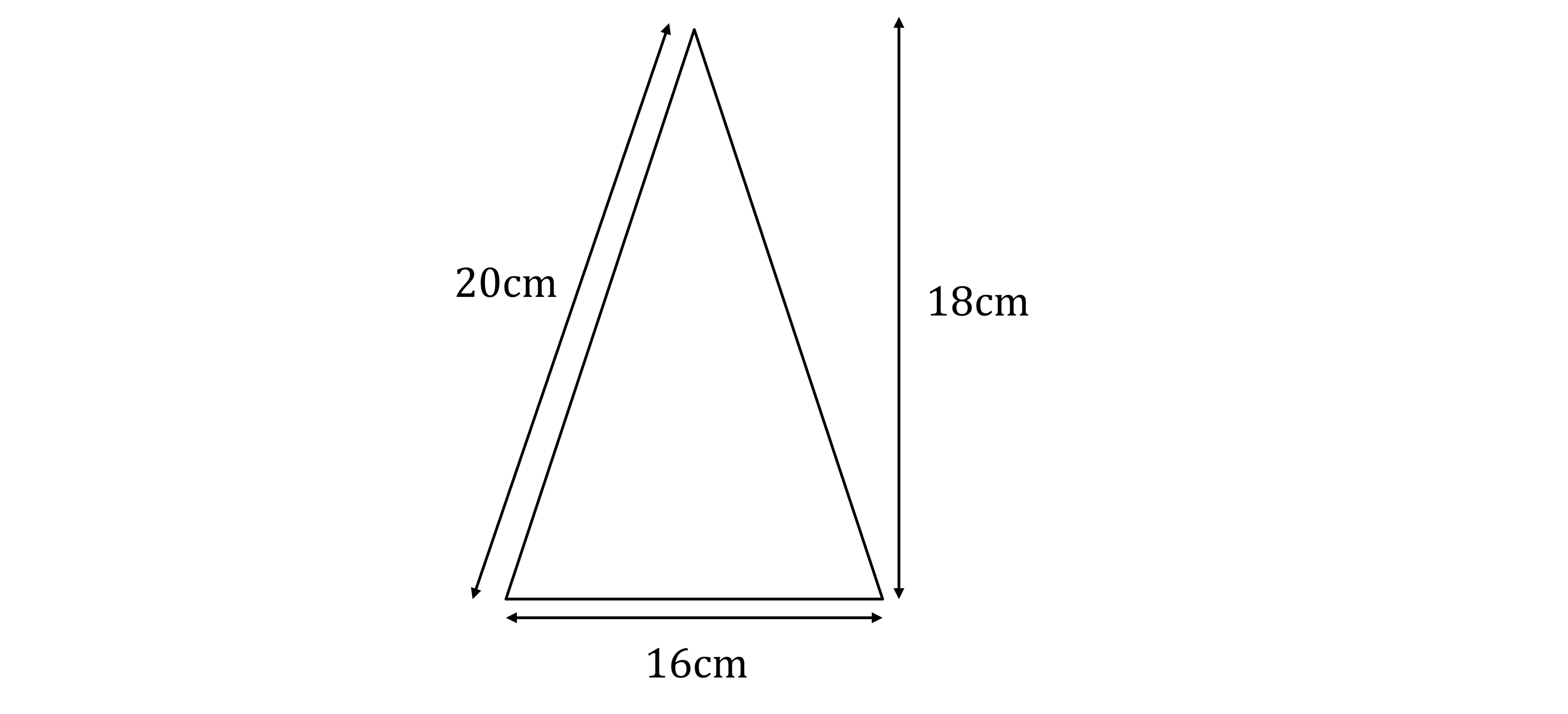 A triangle with a 16cm base, 20cm sides, and 18cm height. Arrows indicate measurements for sides and height.