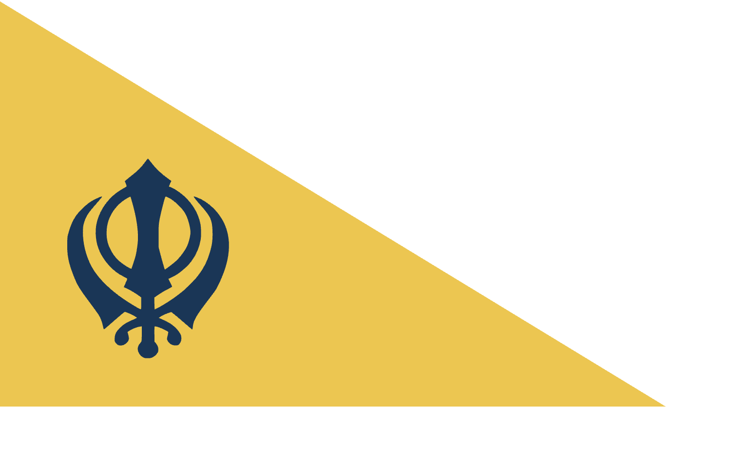 Yellow and white triangular flag featuring a navy blue Khanda symbol on the yellow section, representing Sikhism.